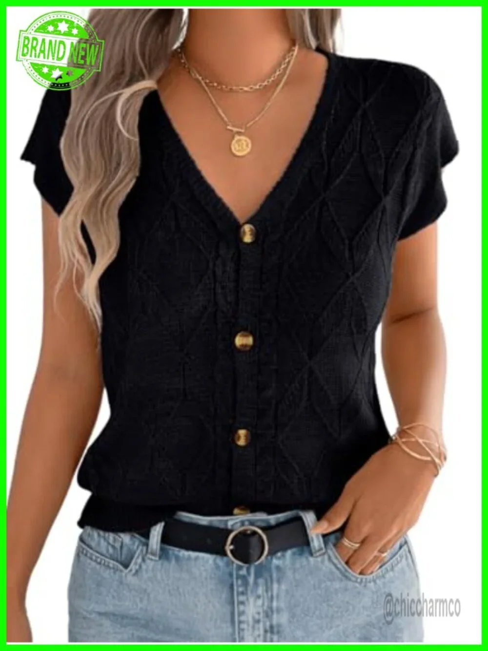 Cap Sleeve V Neck Argyle Cable Knit Button Down Sweater Vest Cardigan Top